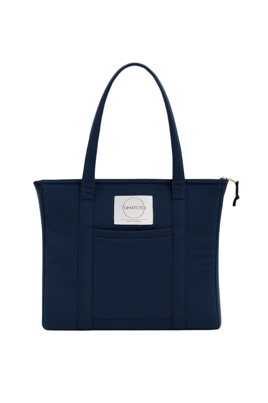 Navy blue tote bag with a visible brand label on a white background