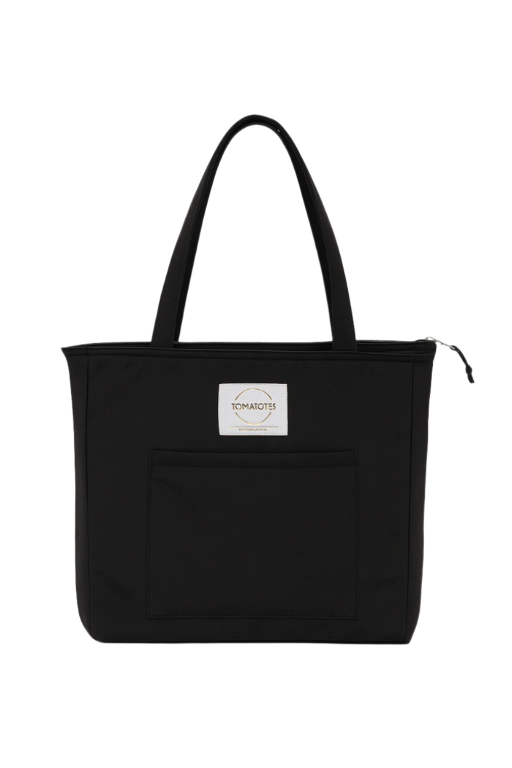 Black tote bag with a brand label on a white background