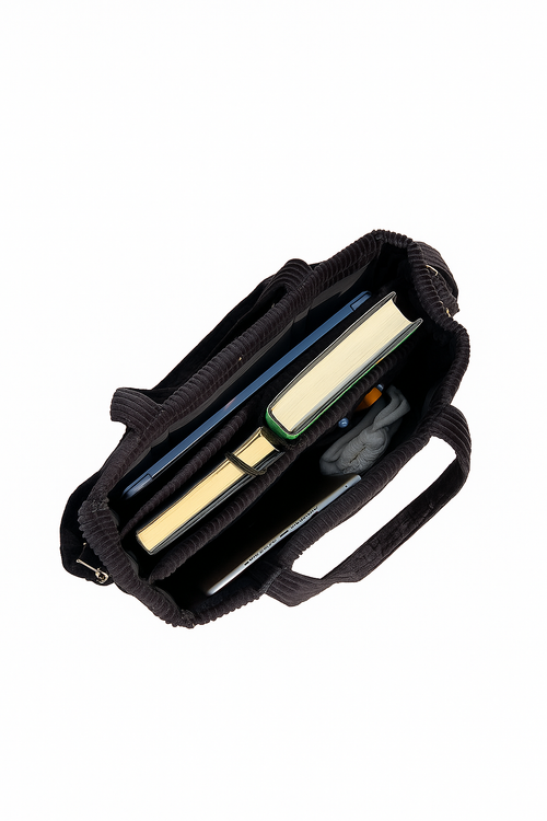 Black organiser bag with a shoulder strap and a crossbody strap on a white background