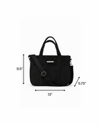 Black organiser bag with a shoulder strap and a crossbody strap on a white background size specifications