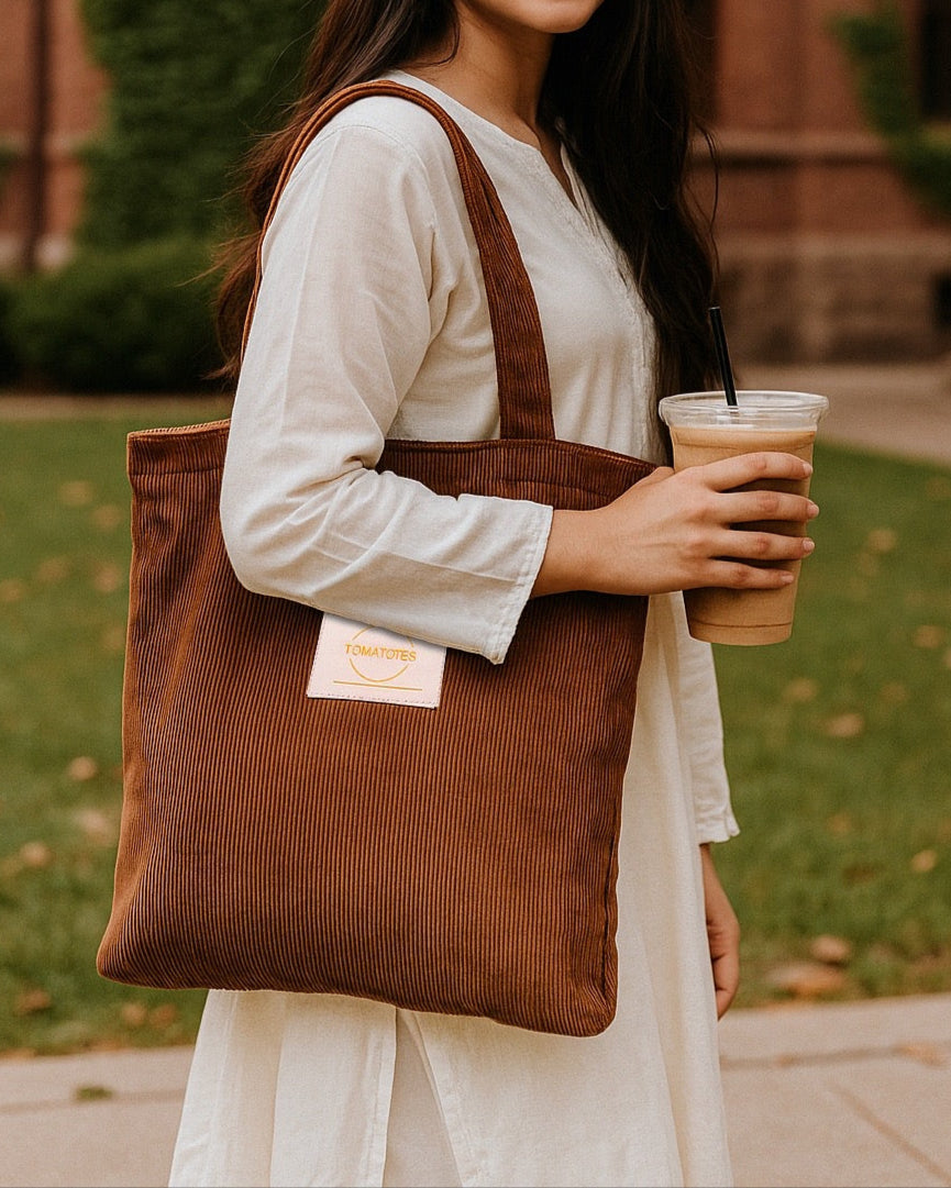 Woman holding a brown tote bag and a drink in front of a brick building