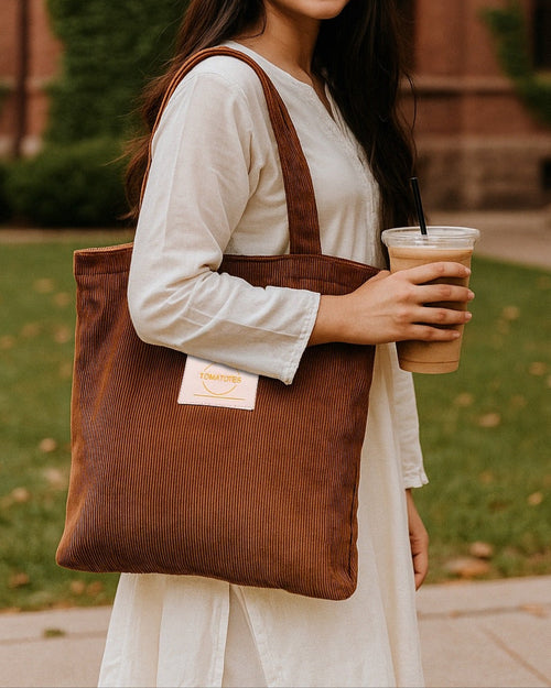 Woman holding a brown tote bag and a drink in front of a brick building