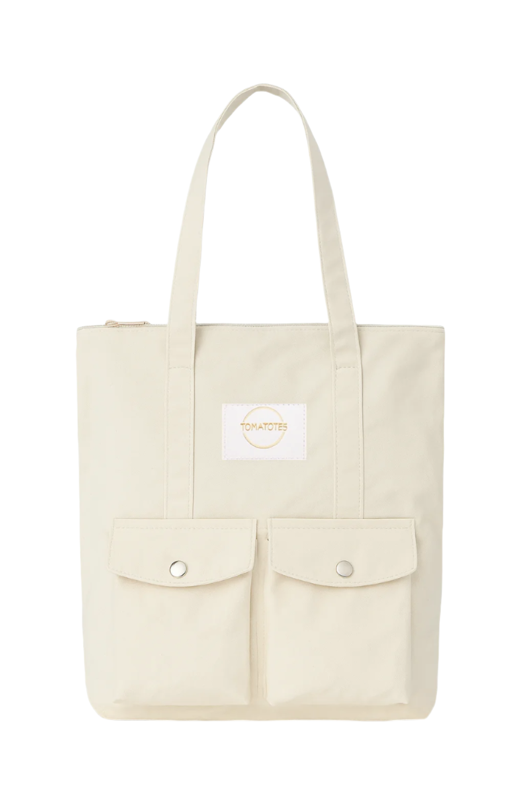Beige tote bag with a small white label on a white background