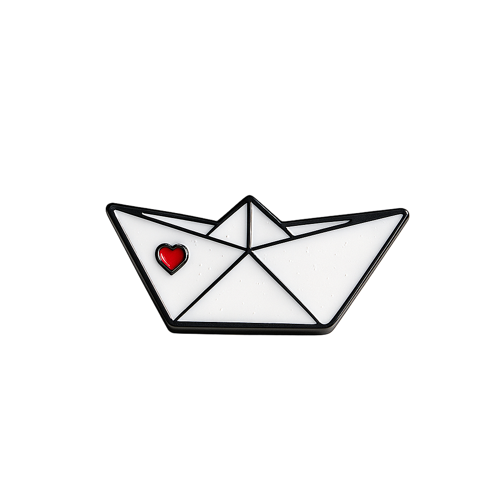 Pin with a design of a paper boat with a red heart on a white background