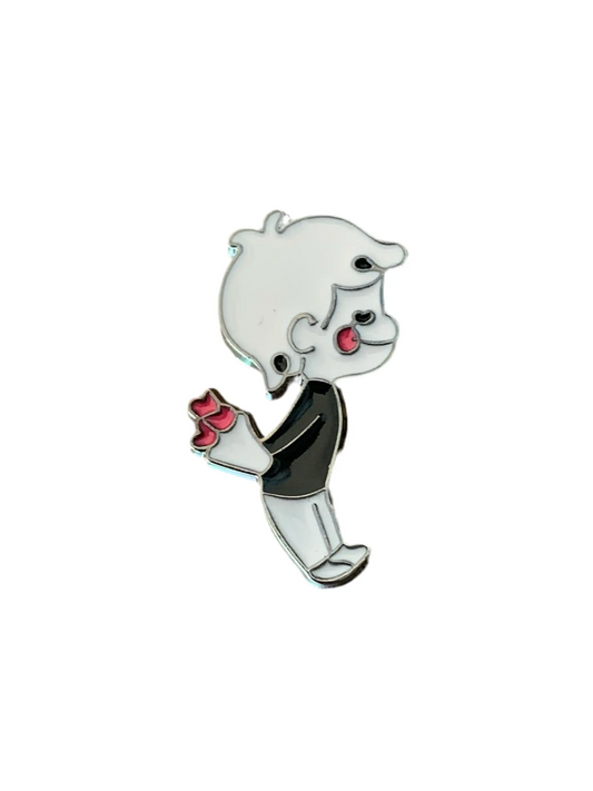 Boy Hiding Flowers of Hearts Enamel Pin - Image #1