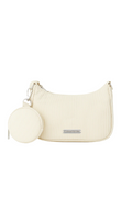 Cream-colored handbag with a matching round pouch on a white background