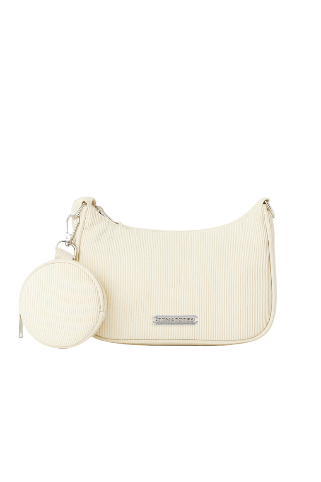 Cream-colored handbag with a matching round pouch on a white background