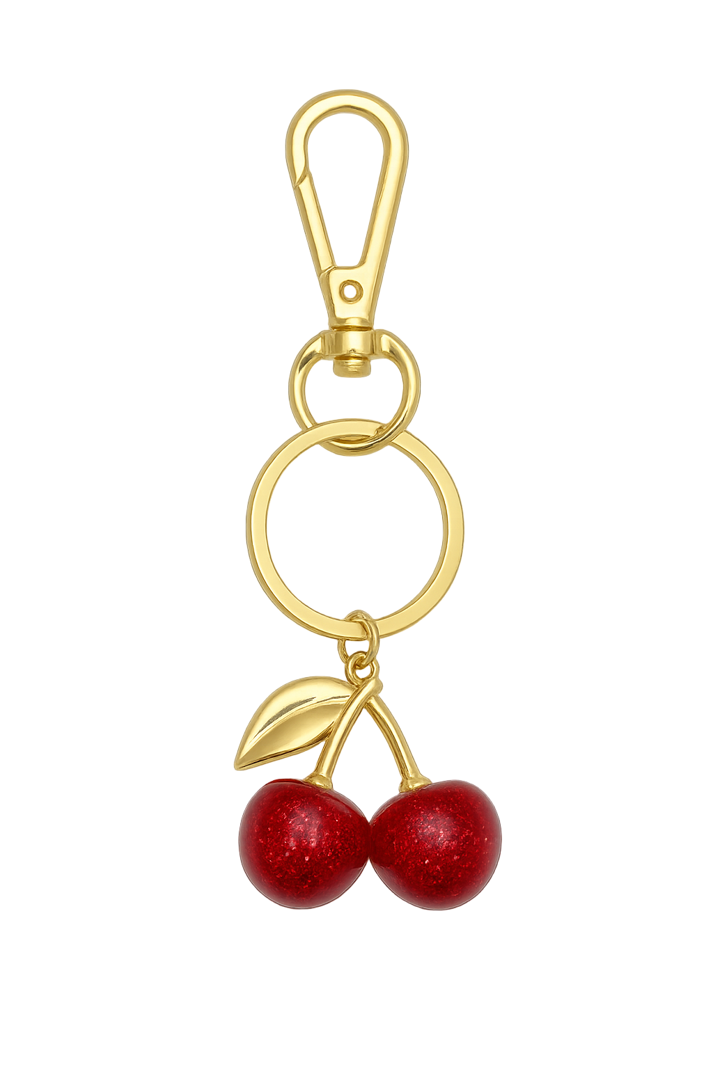 Gold keychain with red cherry charms on a white background