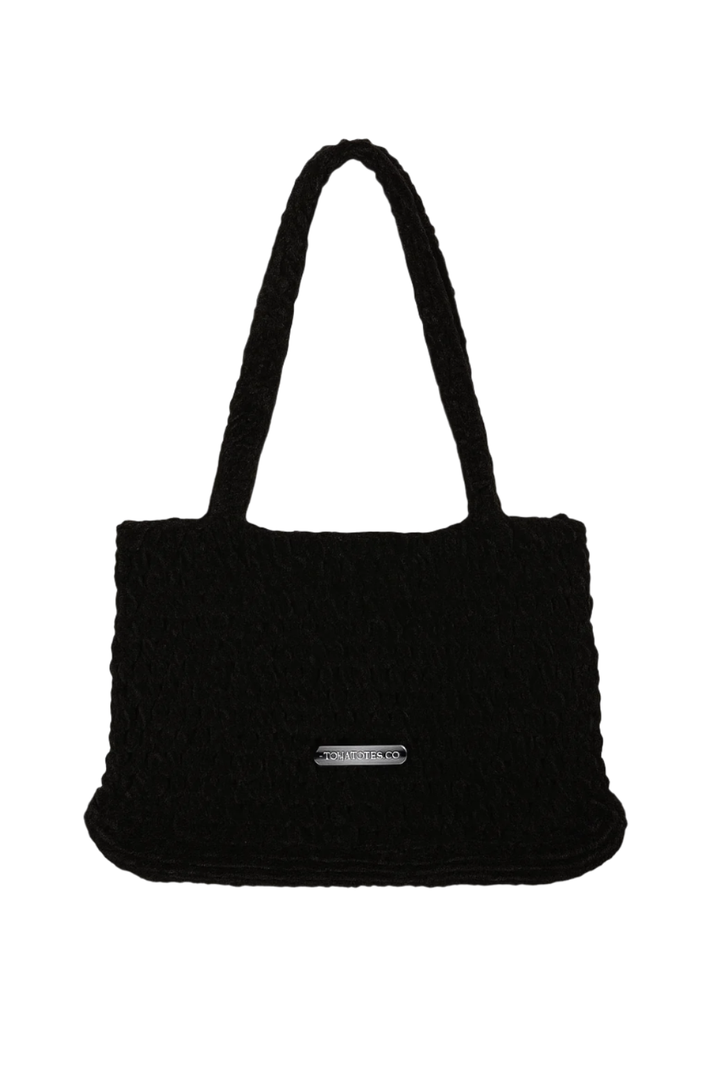 Black textured handbag with a visible brand logo on a white background
